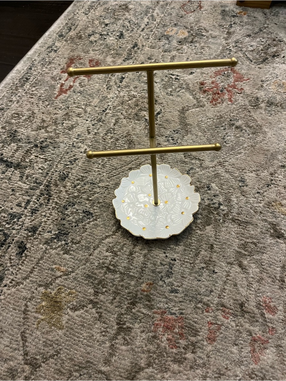 Gold Metal and White Ceramic Jewelry T-Bar Stand